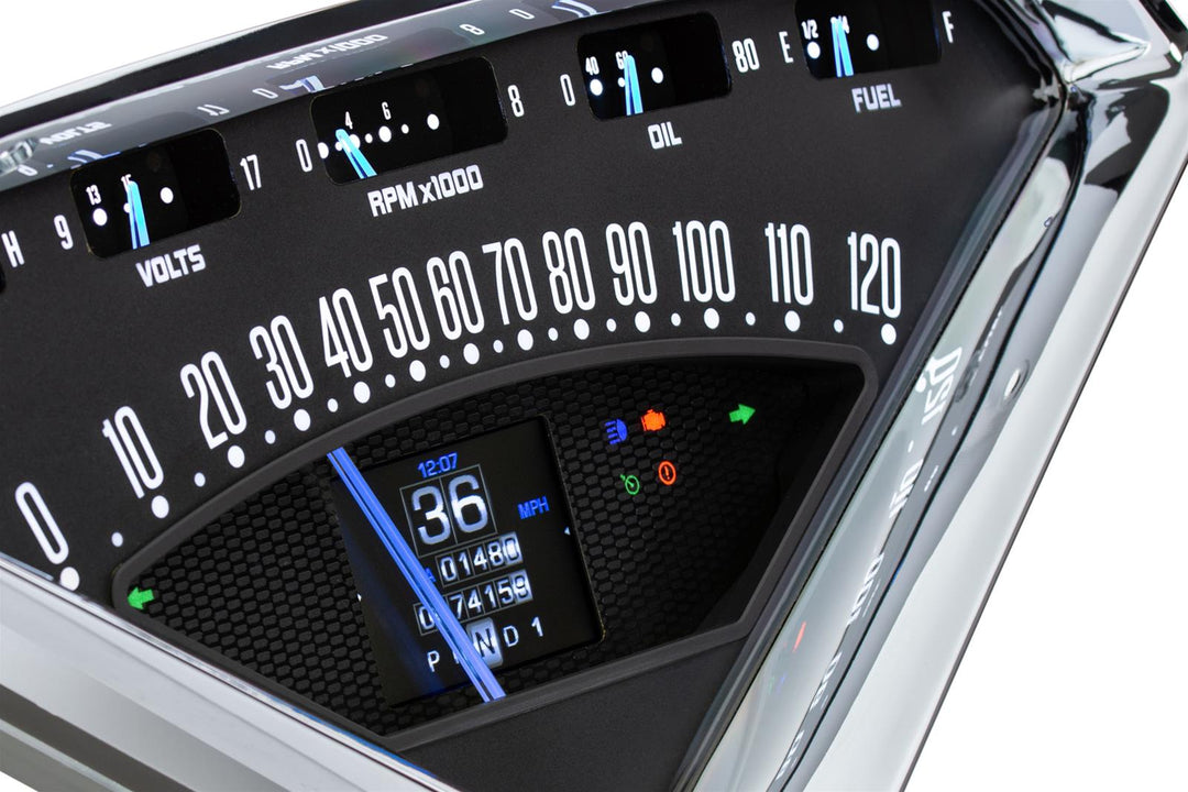1955-1959 RTX Chevy gauge with turn signals and dash lights on.