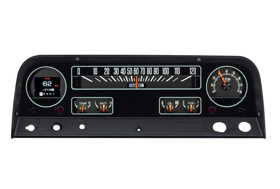 1964-1966 RTX Chevy gauges power on with bezel.
