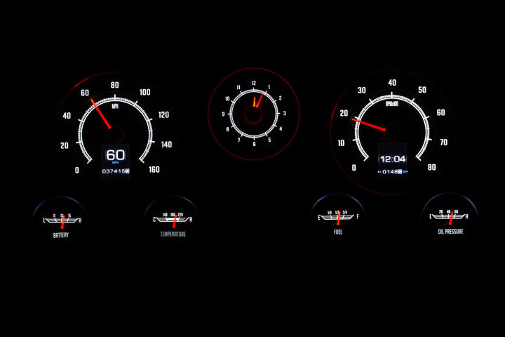 1967-1972 RTX Chevy gauges at night.