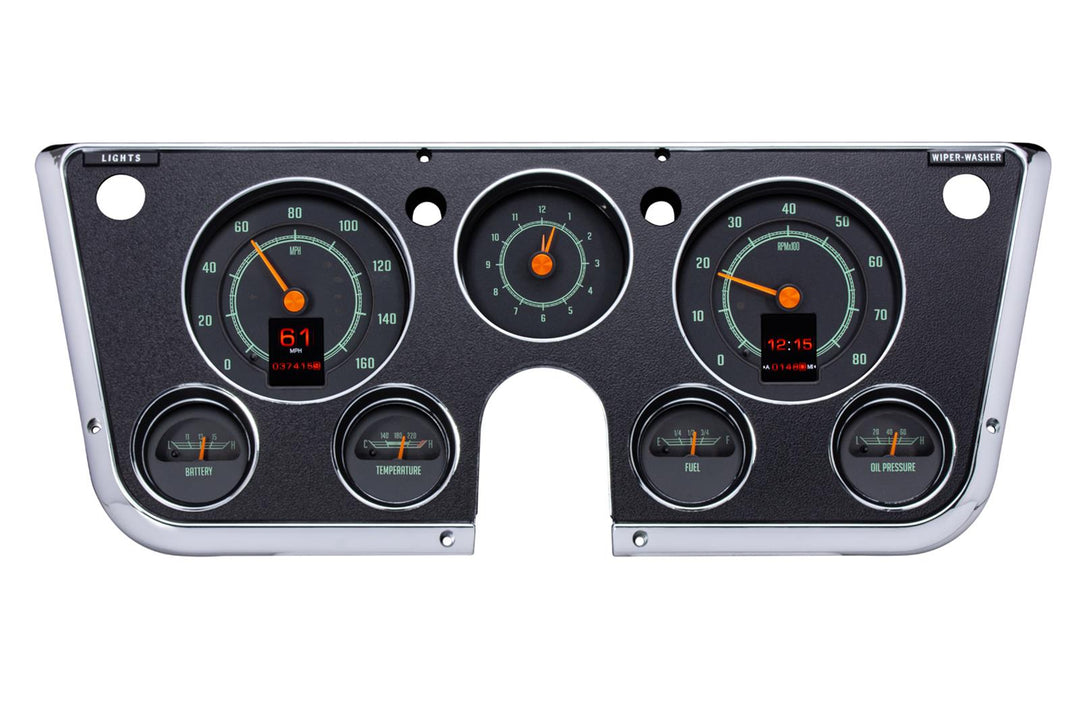 1967-1972 RTX Chevy gauges power on, with bezel.