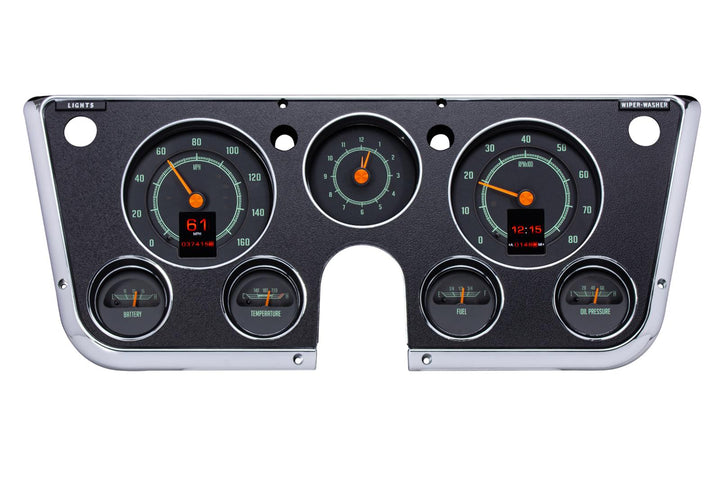 1967-1972 RTX Chevy gauges power on, with bezel.