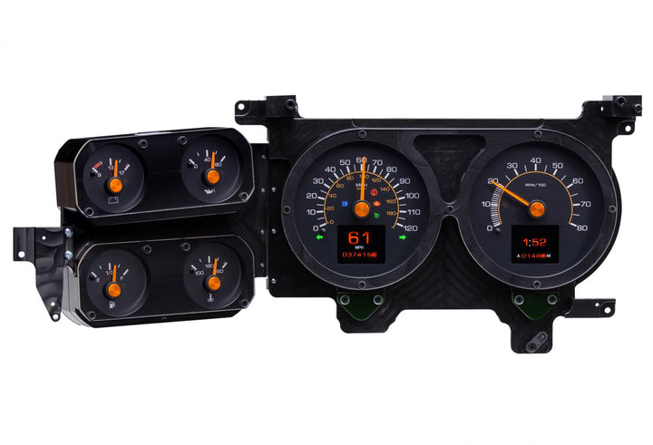 1979-1987 RTX Chevy gauges with turn signals and dash lights on.