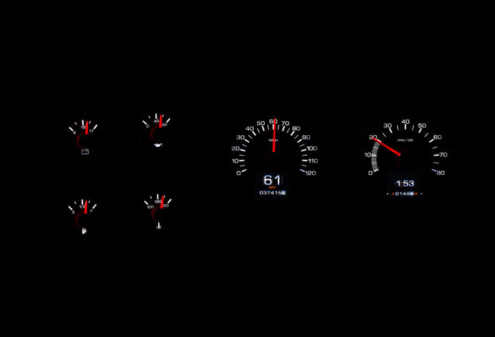 1979-1987 RTX Chevy gauges at night.