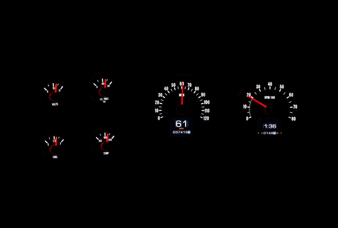 1976-1978 RTX Chevy gauges at night.